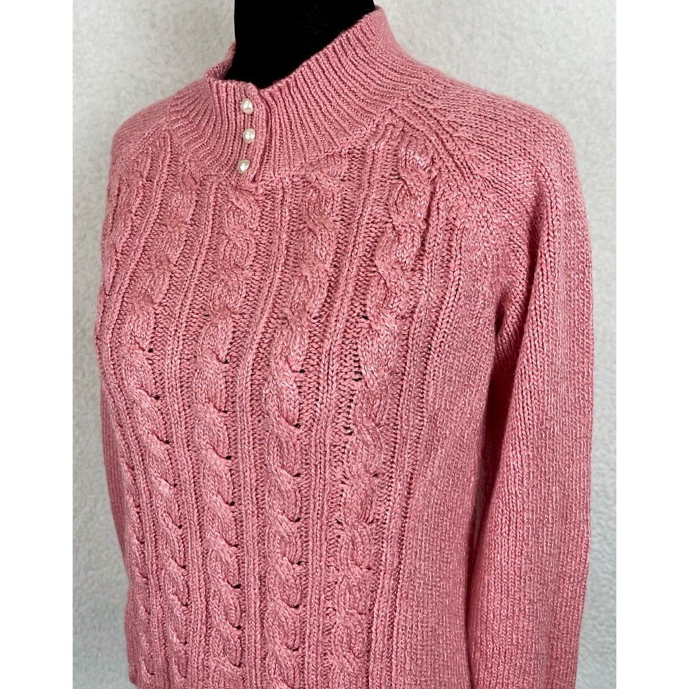 KAREN SCOTT • Dusty Pink Cable Knit Faux Pearl Button Mock-neck Sweater, S - Picture 5 of 16